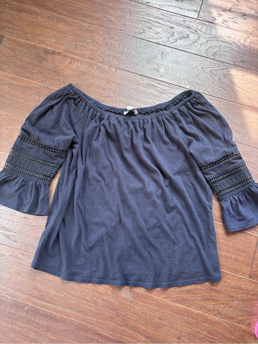 LOFT Navy Off-Shoulder Lace-Trim Tunic Top Shirt 3/4 Sleeve Large